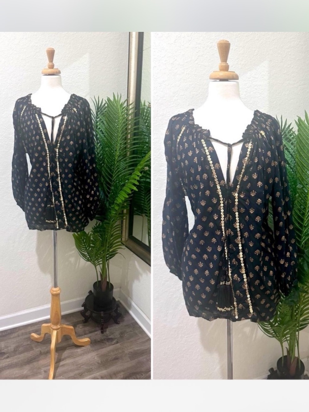 Miss June Paris Elegant Black and Gold Women's Blouse M